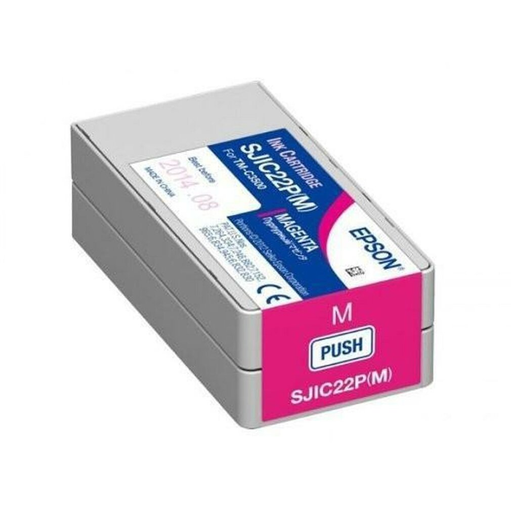 Una cartuccia d'inchiostro magenta Epson, SJIC22P(M). Ha un corpo grigio con accenti magenta e include etichette 'PUSH' e 'M'.
