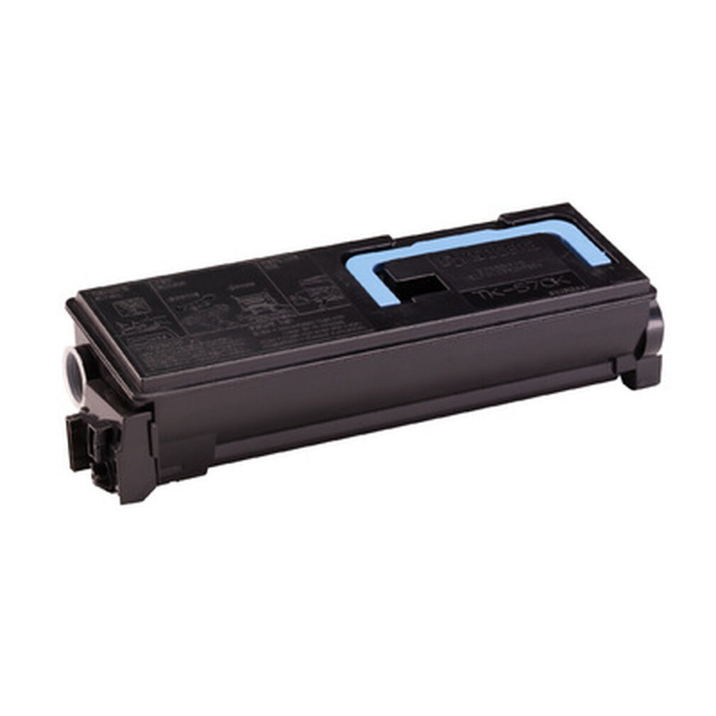 Una cartuccia toner nera con maniglia azzurra. La cartuccia è rettangolare e presenta testo ed etichette.
