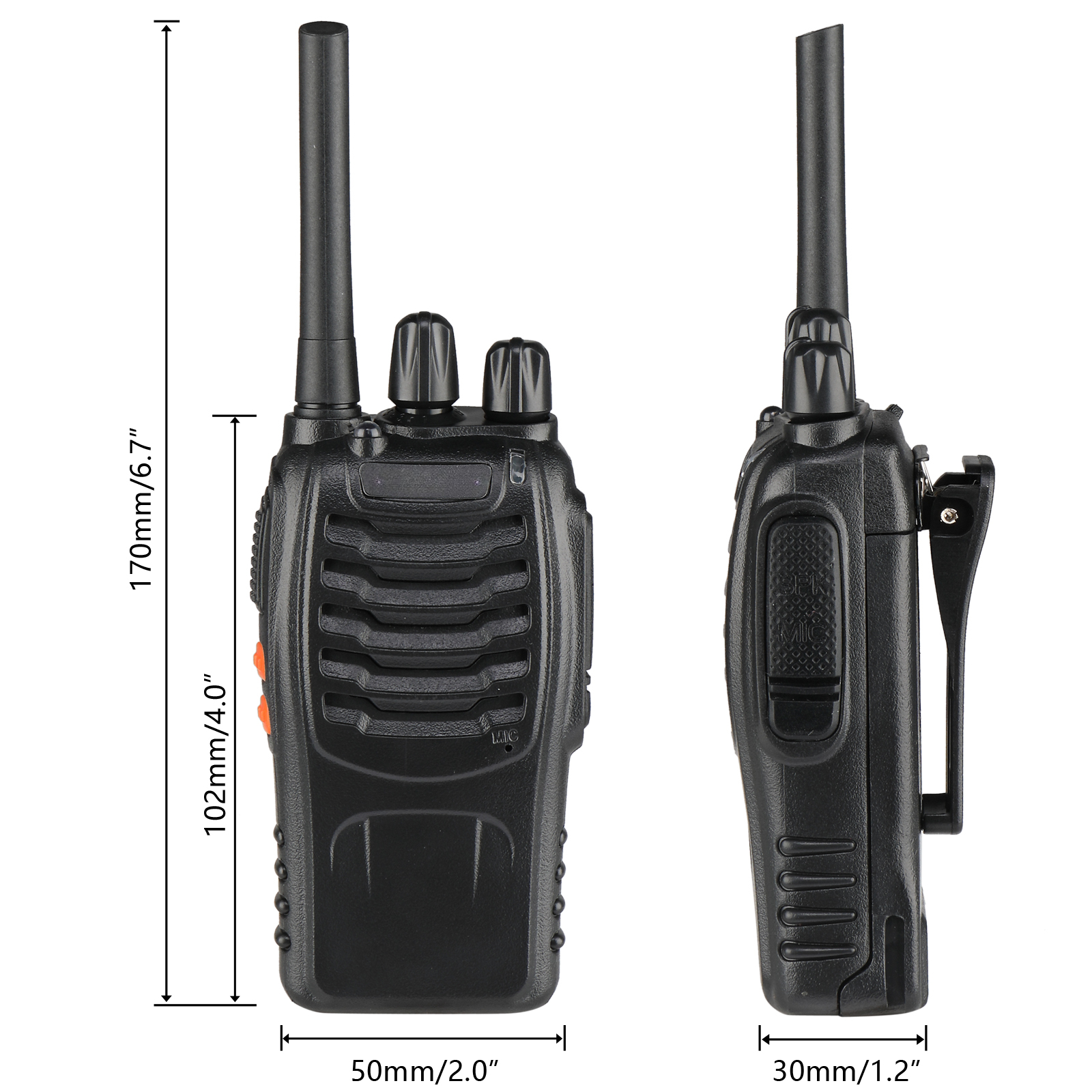 Funkgerät in Schwarz, mit Antenne, Knöpfen, Lautsprechergrill und Abmessungen in Millimetern und Zoll.