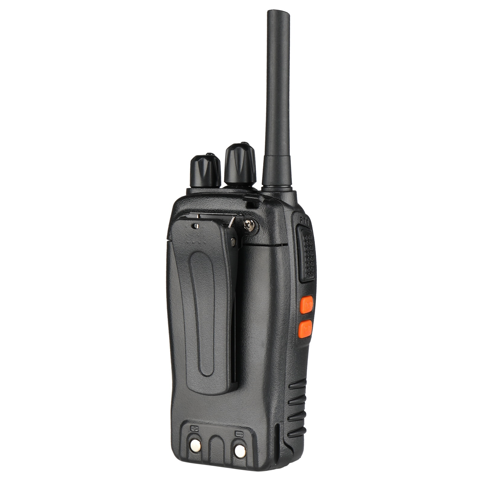 Ein schwarzes Walkie-Talkie mit Antenne, orangefarbenen Knöpfen und einem Gürtelclip, vor weißem Hintergrund.