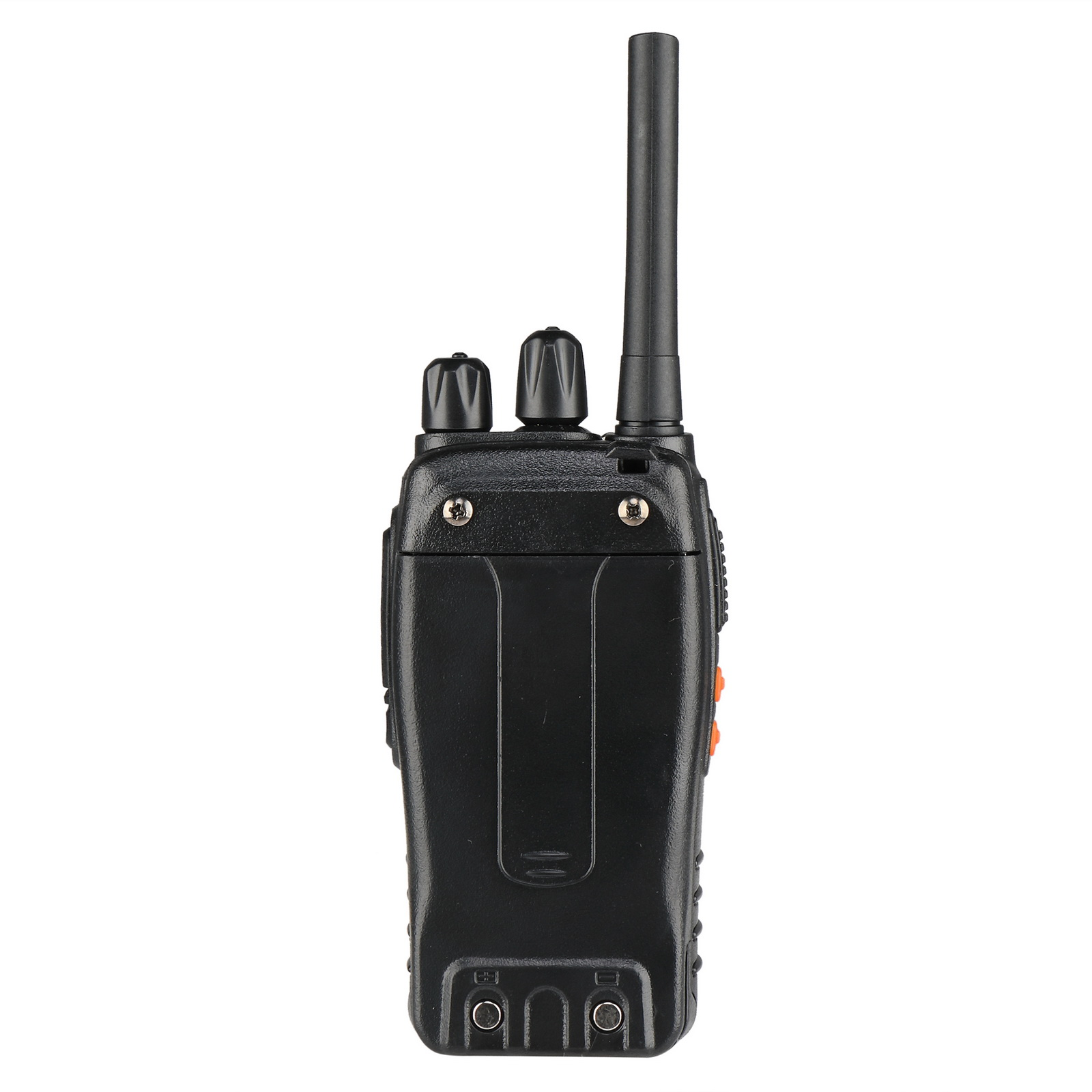 Ein schwarzes Walkie-Talkie mit Antenne, Knöpfen und Tasten vor weißem Hintergrund.