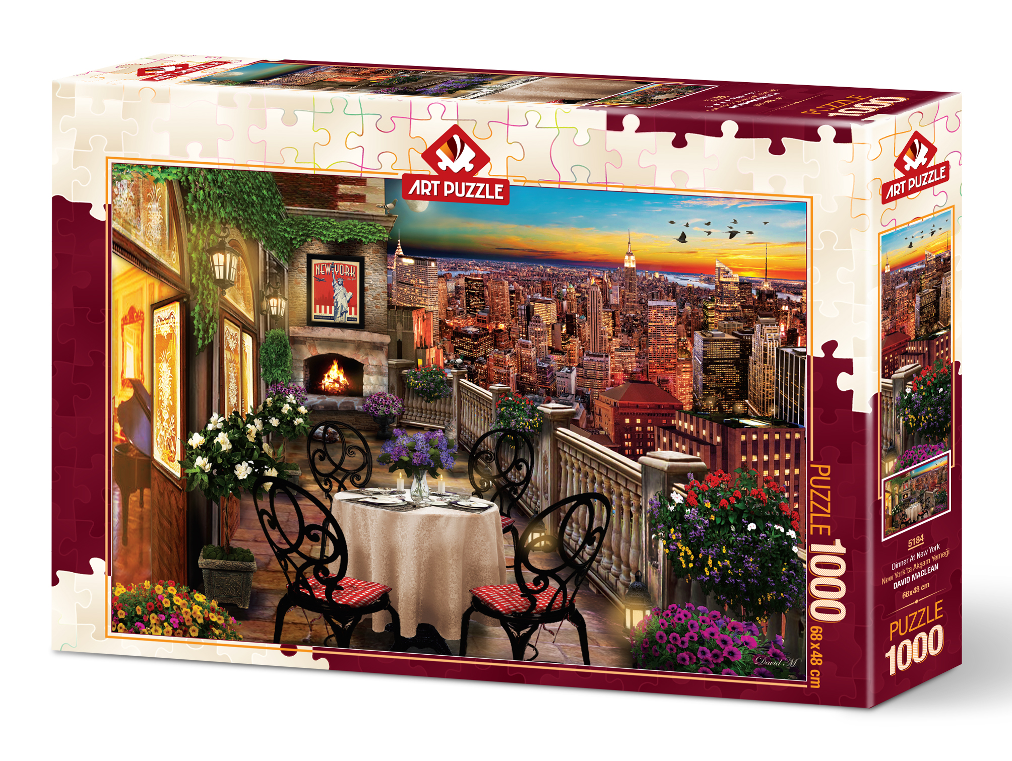 La scatola del puzzle raffigura una scena di ristorante di New York City. Ha un tavolo, sedie e una vista sullo skyline della città al tramonto.