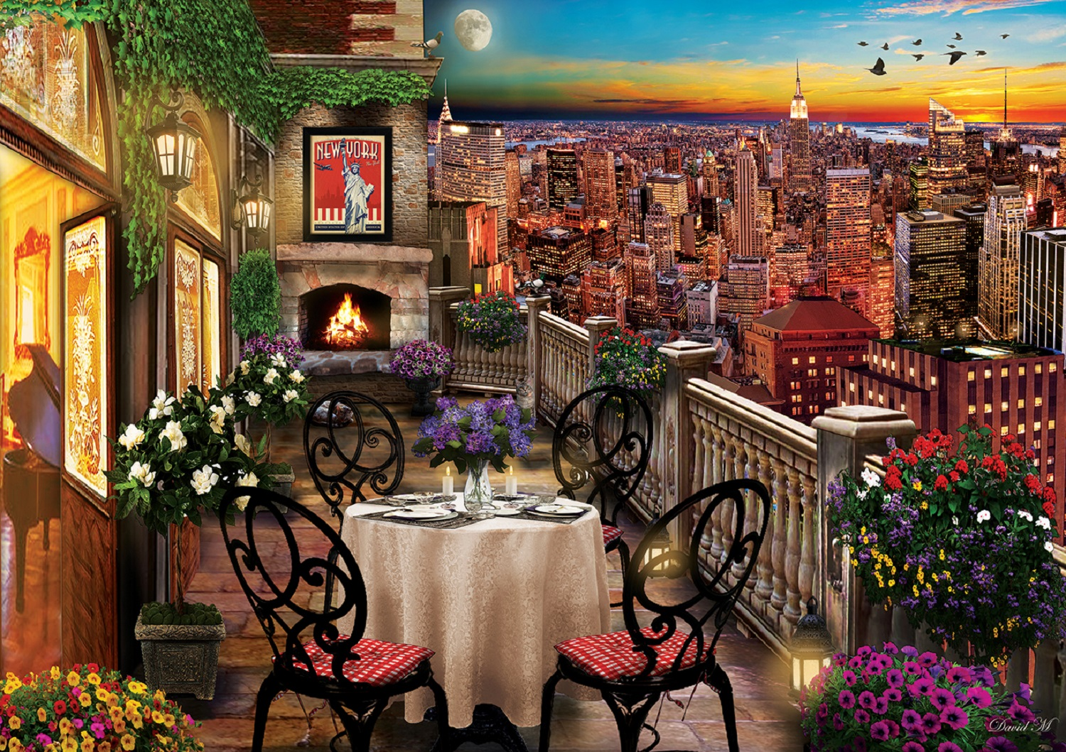 Balcone con tavolo e sedie con vista su New York City al tramonto. Fiori, un camino e un poster di New York sono visibili.