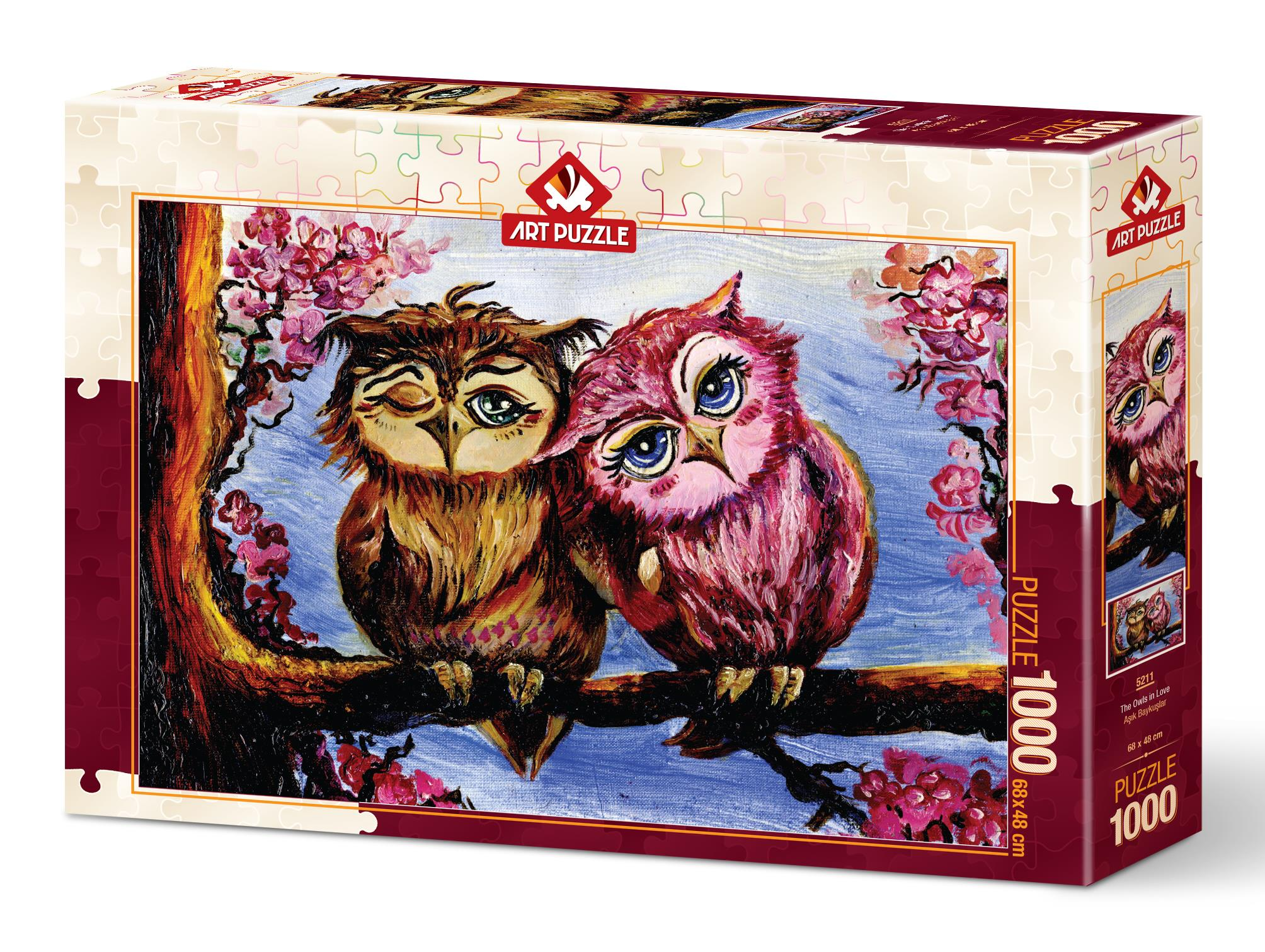 Baykuş sanatı içeren yapboz kutusu. Pembe çiçeklerle bir dalda iki baykuş. Kutuda 'Art Puzzle' ve 'Puzzle 1000' yazıyor.