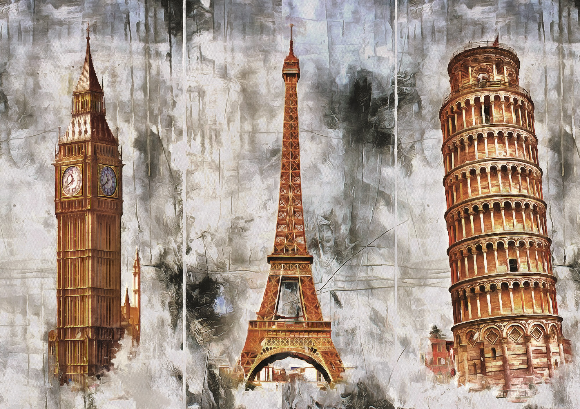 Big Ben, Eyfel Kulesi ve Pisa Kulesi'nin tablosu, kahverengi ve bej tonları, soyut gri bir arka plan üzerinde.