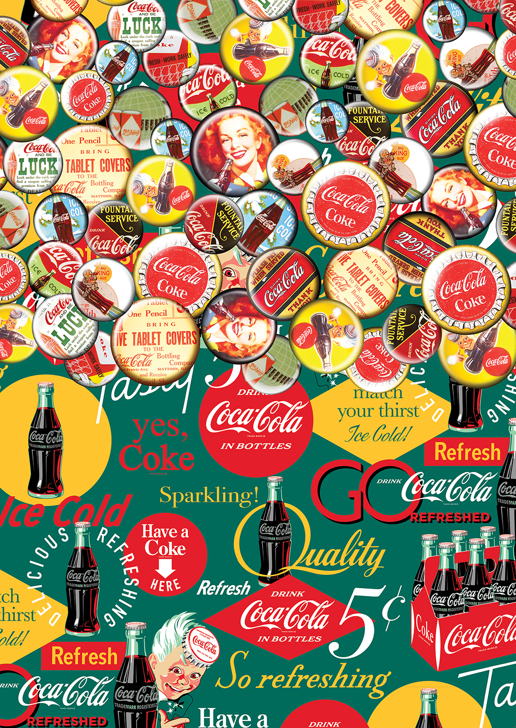 Eski Coca-Cola reklamı. Kapaklar, şişeler ve gülen kadınlar, metinle tekrarlayan bir desende yer alıyor.