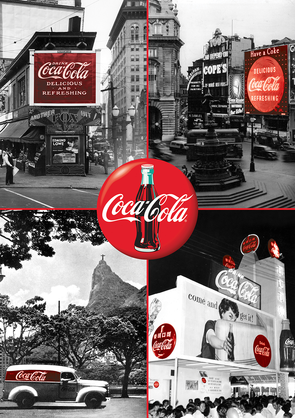 Eski Coca-Cola reklam montajı. Şehir manzaraları, kamyon, İsa heykeli olan dağ ve bir kadınla bir stand içerir.