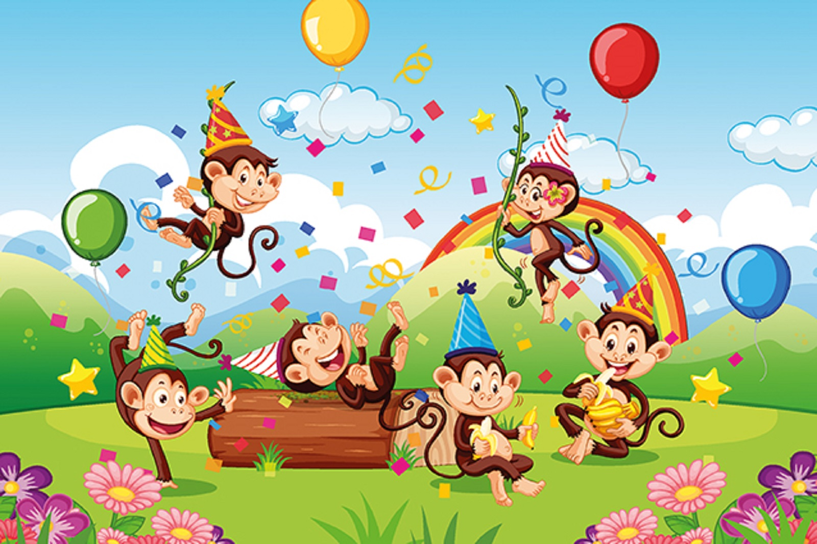 Kutlama yapan maymunlarla çizgi film sahnesi. Maymunlar parti şapkası takar, muz ve balon tutar. Arka planda konfeti ve gökkuşağı.