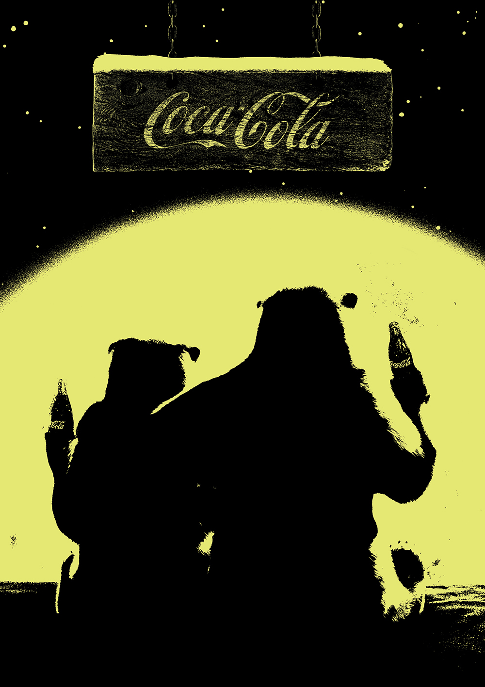 İki ayı silüeti, bir tabela altında Coca-Cola içiyor. Yıldızlarla sarı arka plan. Tabelada Coca-Cola yazıyor.