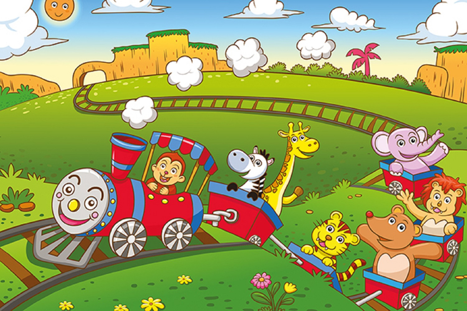 Çizgi film treni, maymun, zebra, zürafa, kaplan, fil, ayı ve aslan gibi hayvan yolcularla, yeşil bir tarlada raylar üzerinde seyahat ediyor.