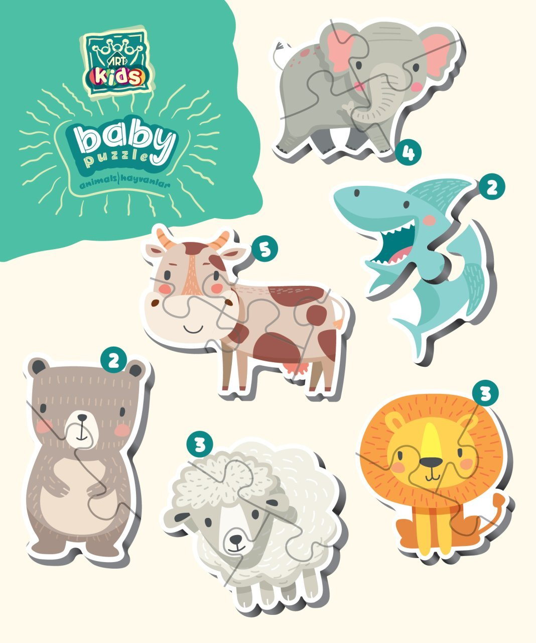 Ayı, köpekbalığı, koyun, aslan, fil ve inek şekillerinden oluşan bir bebek bulmacası. Parçalar numaralandırılmıştır.