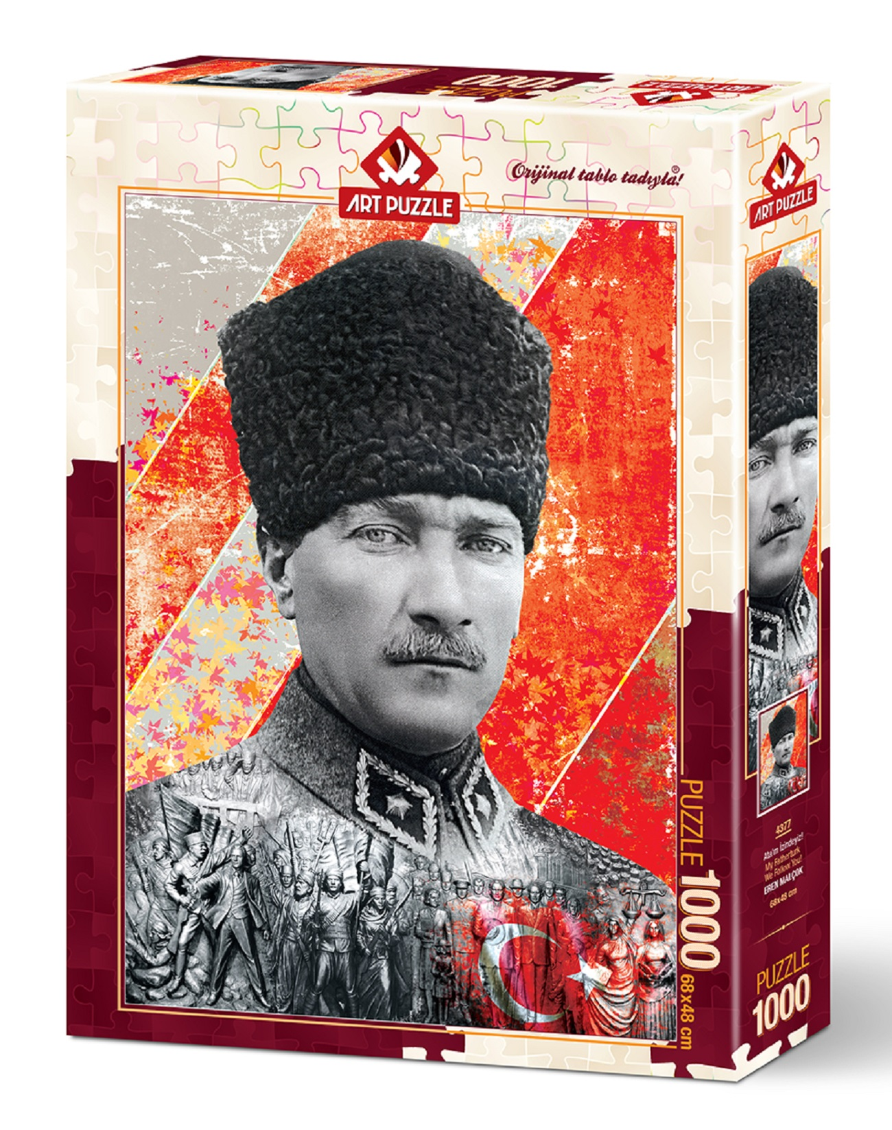 Kürk şapkalı Atatürk portresi, bir grup insan ve Türk bayrağı bulunan bir yapboz kutusu.