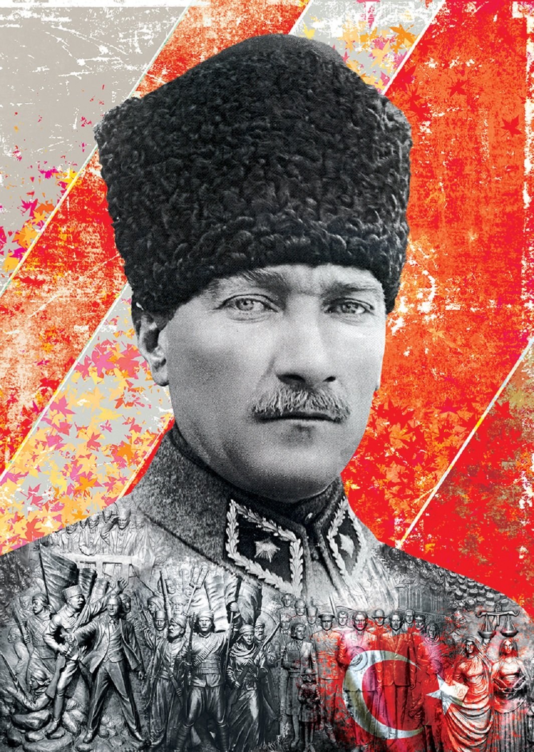 Kürk şapkalı ve bıyıklı bir adamın portresi, kırmızı ve gri bir arka plan üzerinde. Cekette insanların kabartması var.