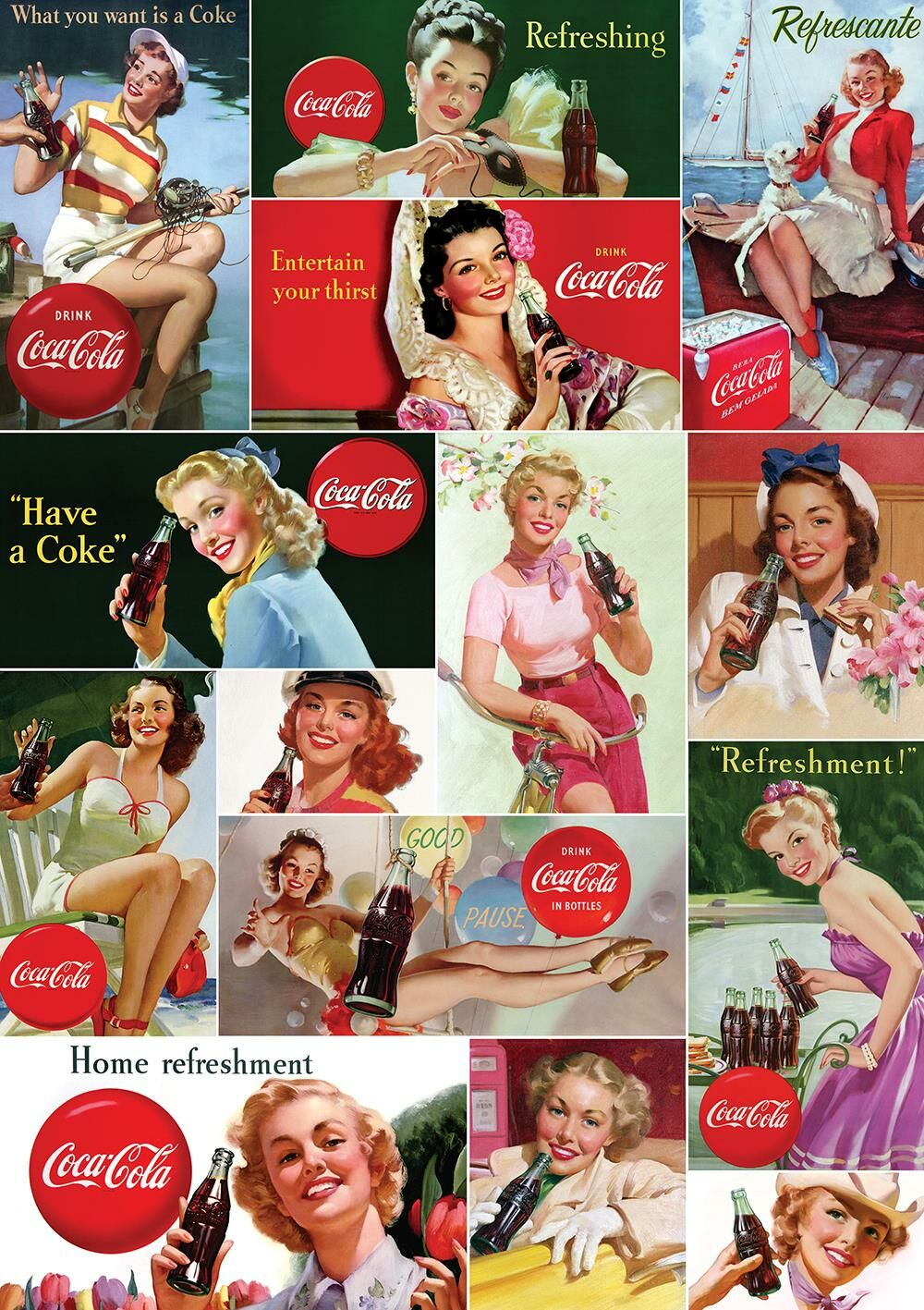 Şişe tutan kadınların yer aldığı çok sayıda eski tarz Coca-Cola reklamı. Reklamlar, içeceği tanıtmak için parlak renkler ve metin kullanıyor.