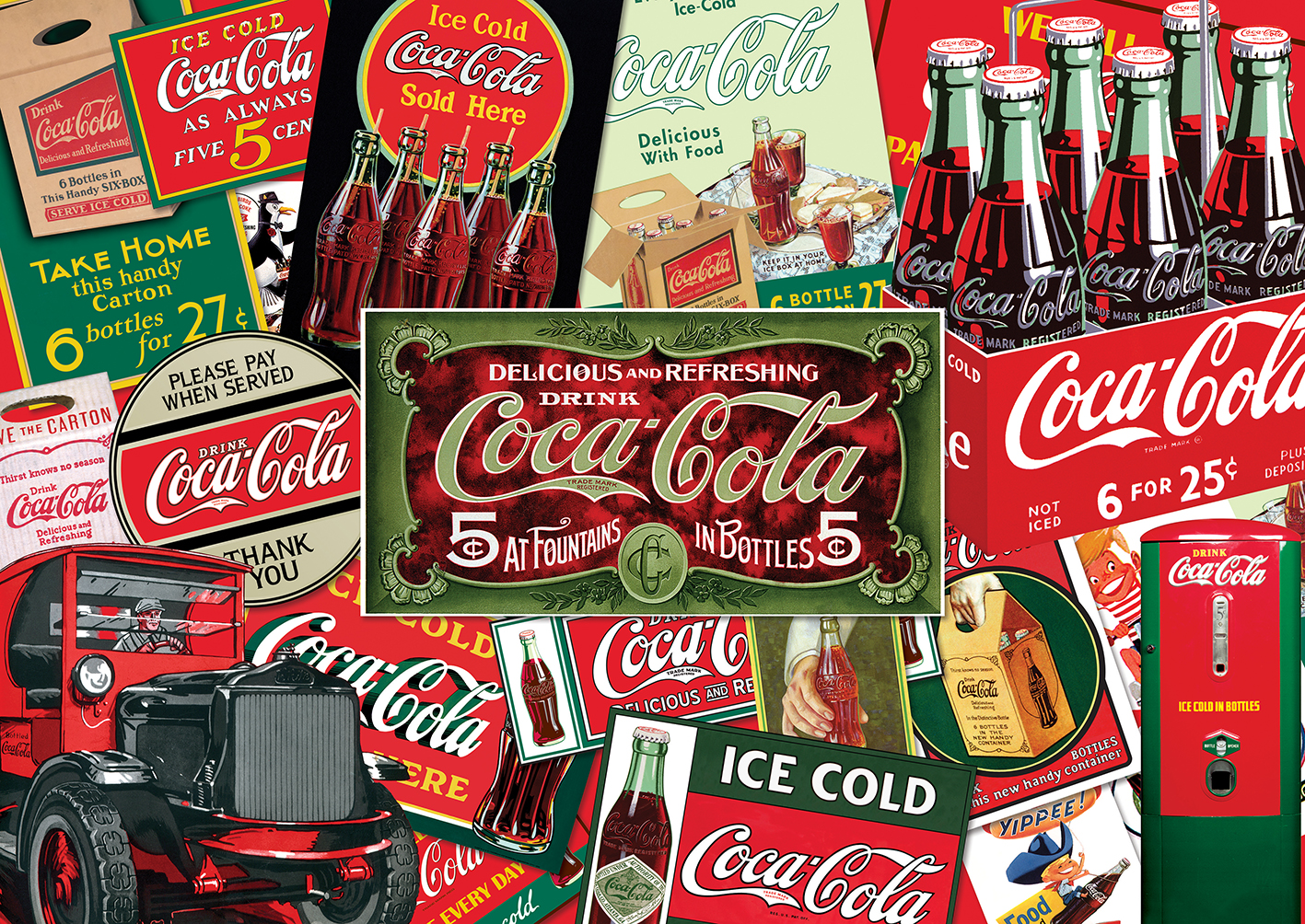 Şişeler, kutular ve otomatlarla vintage Coca-Cola reklamlarının bir kolajı. Kırmızı ve beyaz renkler metinlerle hakim.