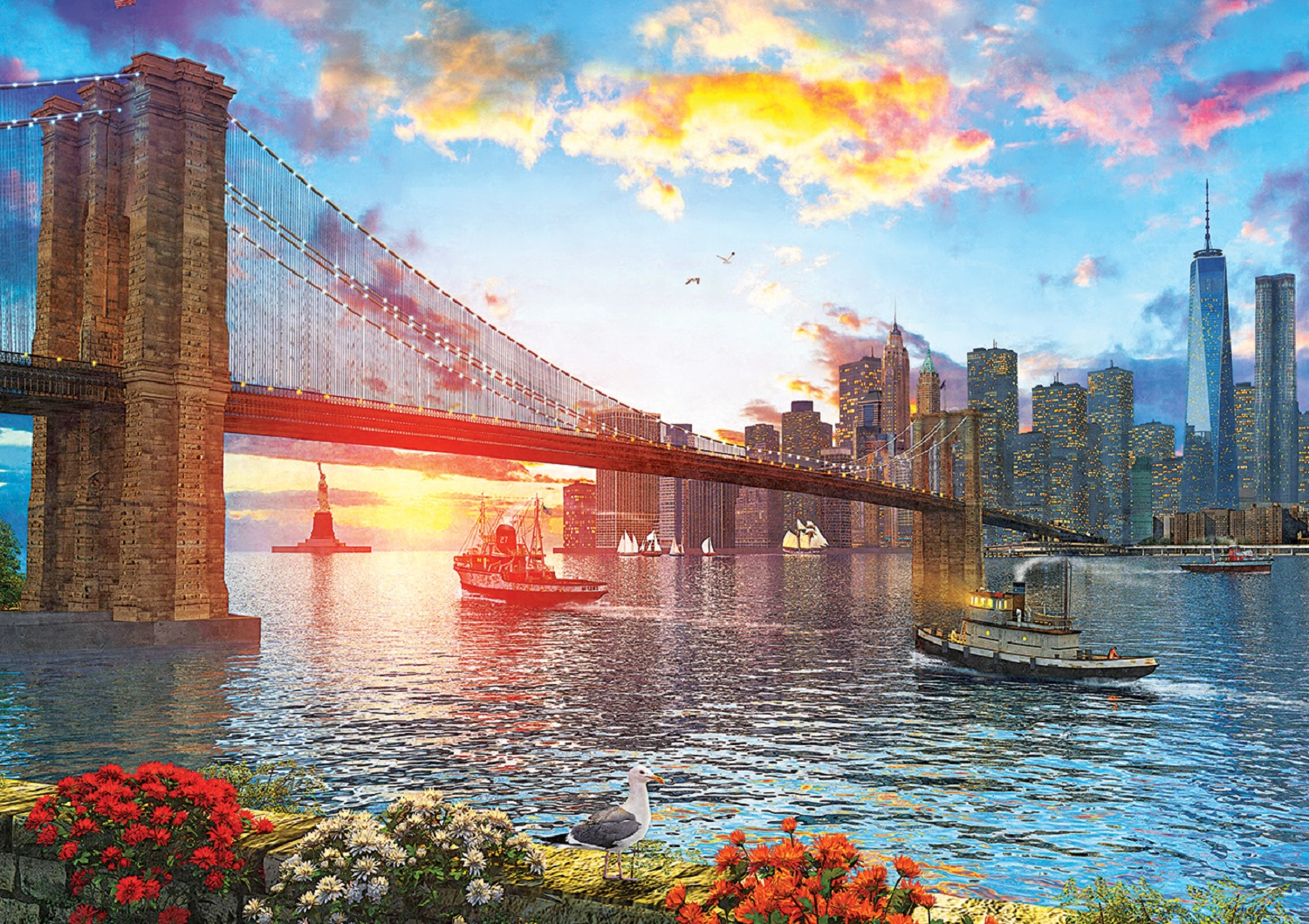 Brooklyn Köprüsü su üzerinde, tekneler, Özgürlük Anıtı ve gün batımında New York silüeti. Ön planda çiçeklerle martı.