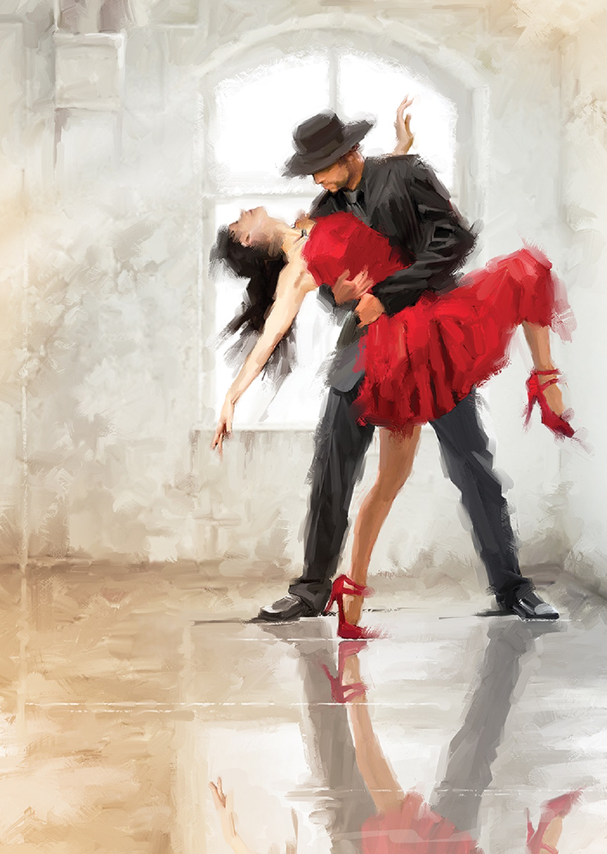 Bir çift tango yapıyor. Kırmızı elbiseli kadın geriye doğru eğiliyor, siyah takım elbiseli ve şapkalı adam tarafından tutuluyor. Yerde yansıma.