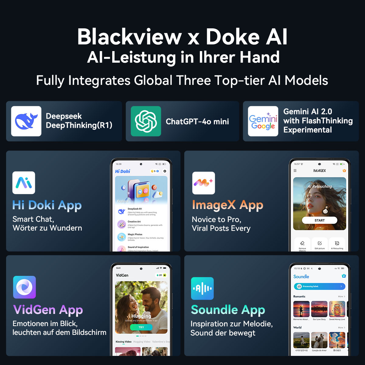 Werbebild für Blackview x Doke AI, zeigt Apps: Hi Doki, ImageX, VidGen und Soundle sowie KI-Modelle.