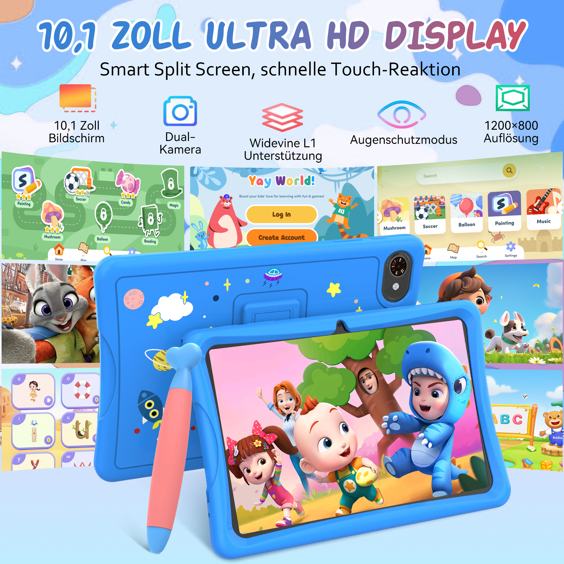 Ein blaues Tablet mit Stift, das Apps für Kinder zeigt. Buntes Display mit Zeichentrickfiguren und Lerninhalten.