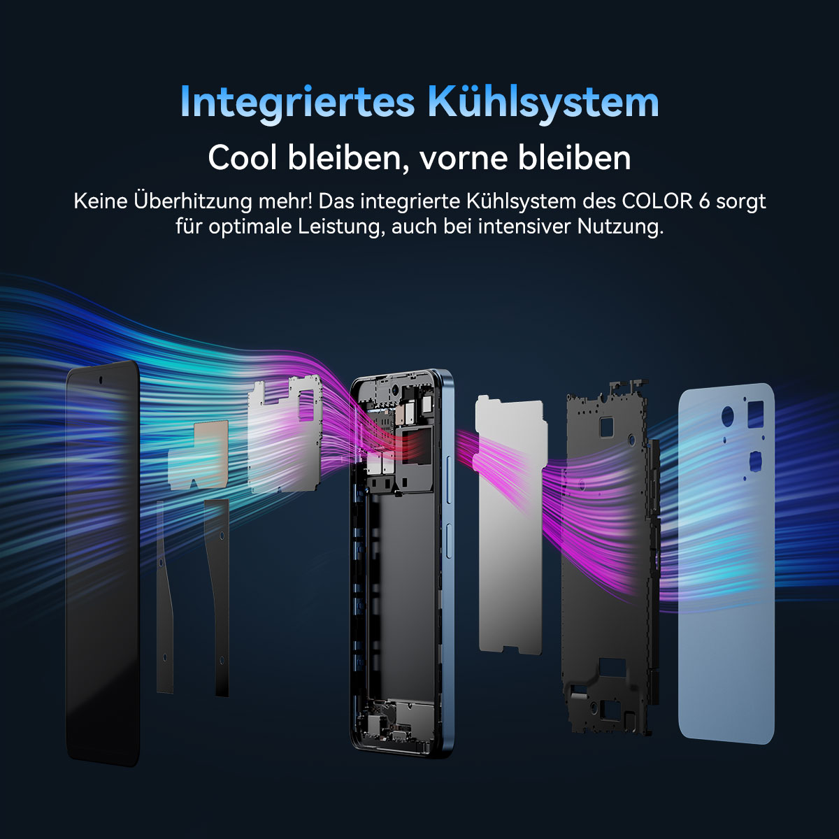 Explosionszeichnung eines Smartphones mit Hervorhebung der Kühlkomponenten. Blaue und rosa Energielinien fließen zwischen den Teilen.