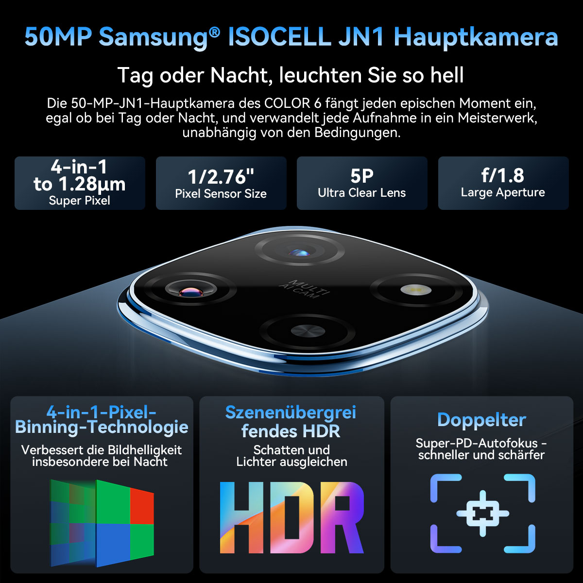 Smartphone-Kamera-Detail mit Text: 50MP, Samsung, ISOCELL JN1 und technische Spezifikationen.