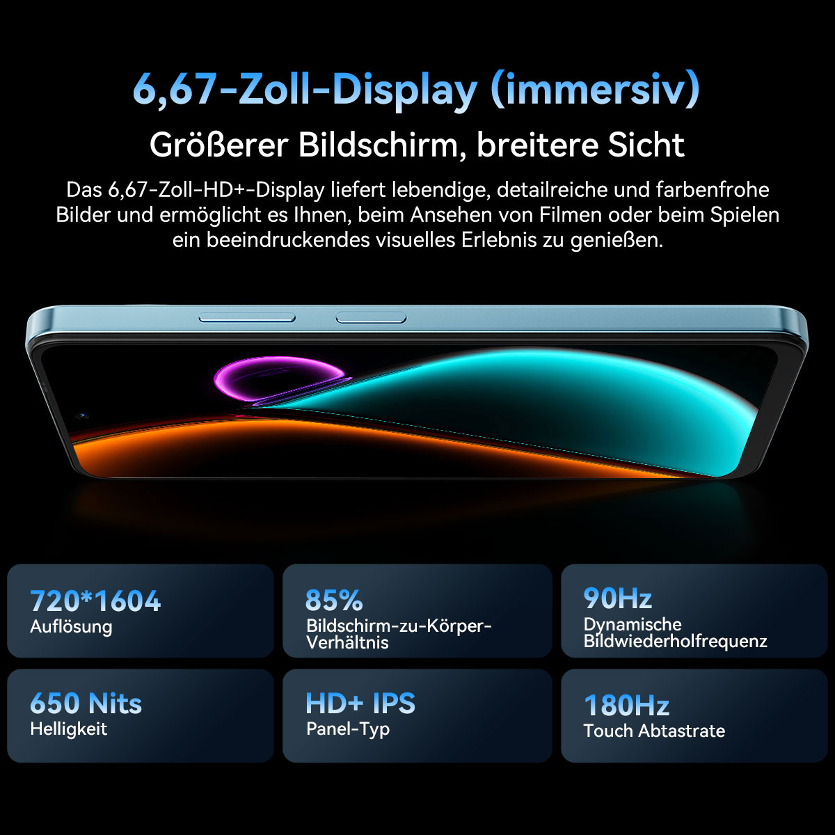 Ein Smartphone-Bildschirm zeigt lebendige Farben. Spezifikationen umfassen Auflösung, Bildwiederholfrequenz und Bildschirm-zu-Körper-Verhältnis.