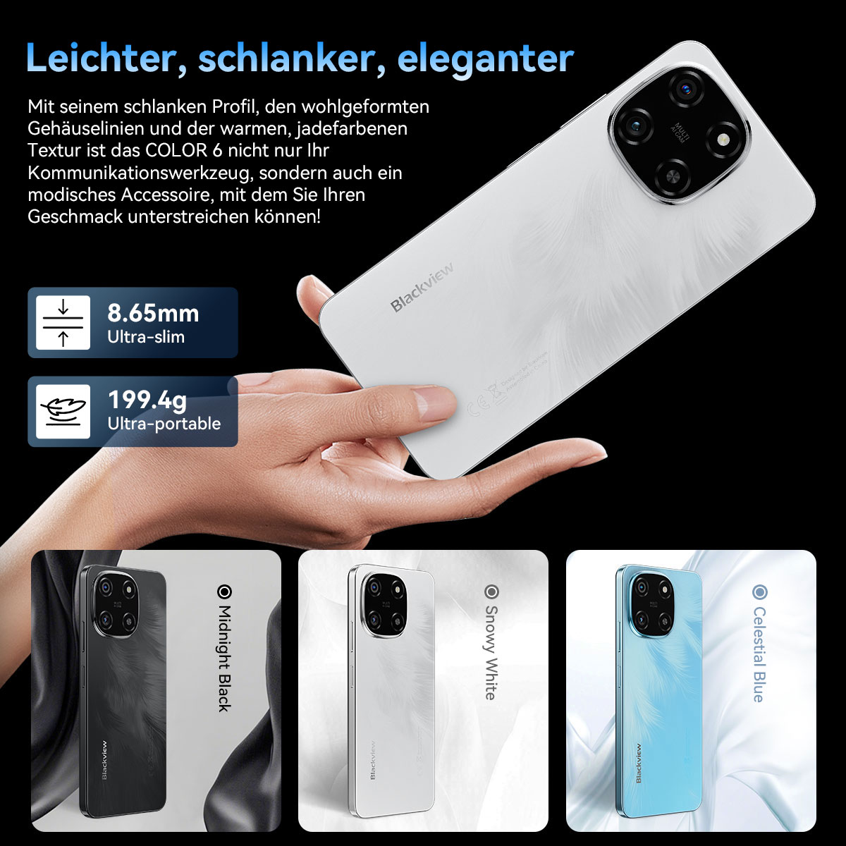 Ein weißes Telefon in der Hand, Marke Blackview, mit drei Farboptionen: Mitternachtsschwarz, Schneeweiß und Himmelblau.