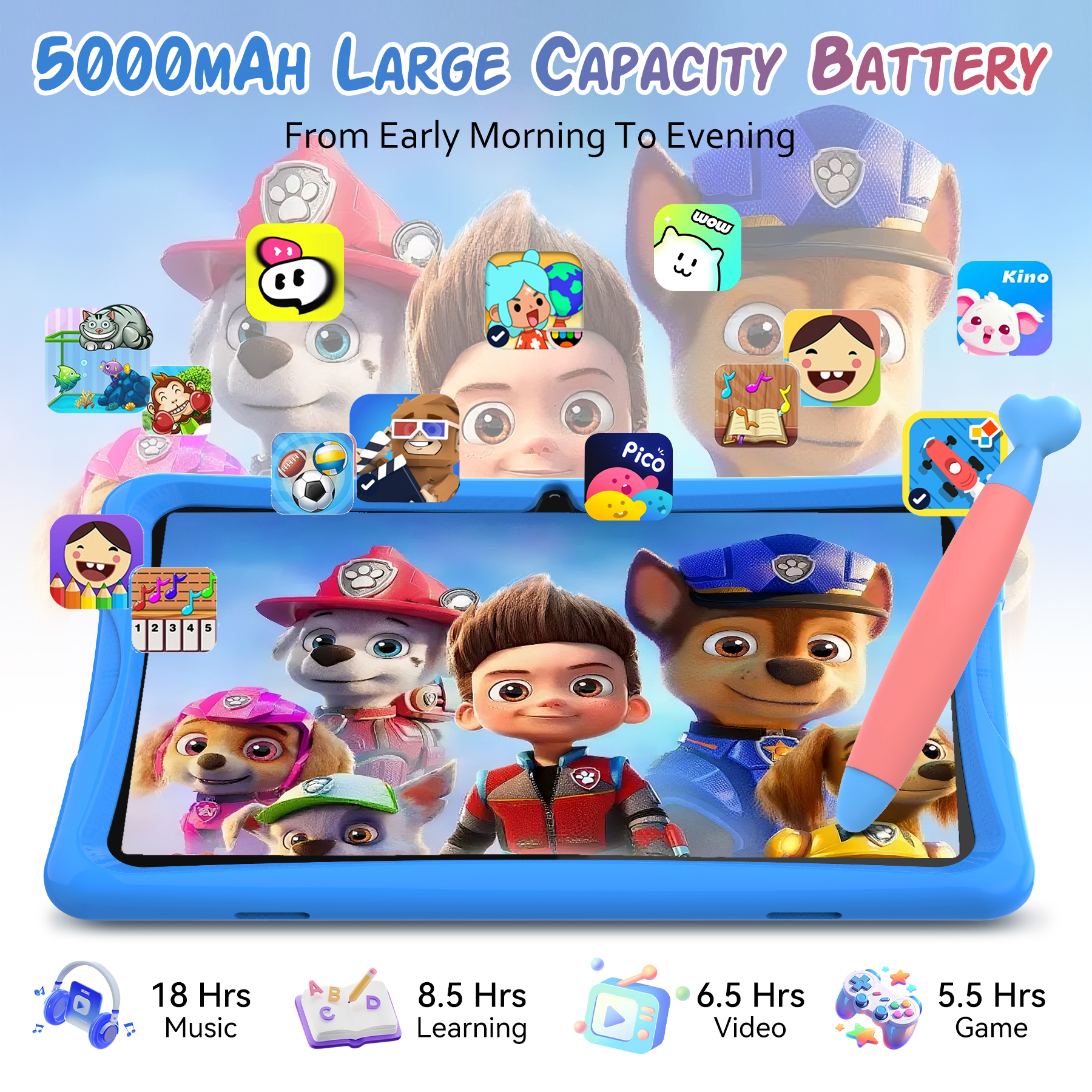 Ein blaues Tablet mit Cartoons und Symbolen wird von einem rosa und blauen Stift gehalten. Der Text lautet '5000mAh Large Capacity Battery'.