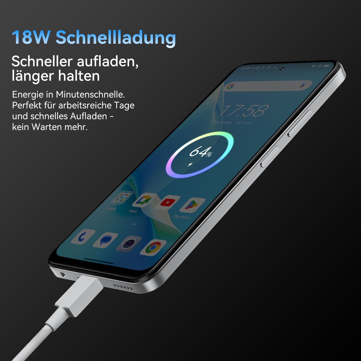 Ein Smartphone wird aufgeladen. Der Bildschirm zeigt 64 % Akku an. Ein weißes Ladekabel ist angeschlossen. Text: '18W Schnellladung'.