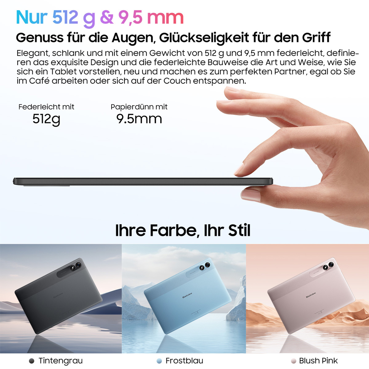 Eine Hand hält ein dünnes schwarzes Tablet. Darunter befinden sich Bilder von Tablets in Grau, Blau und Rosa, mit Text.