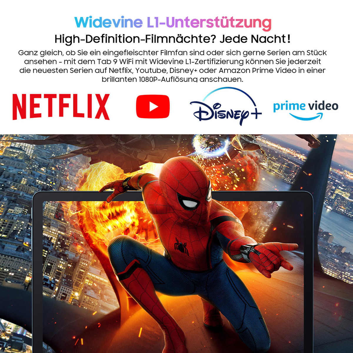 Spider-Man auf einem Tablet-Bildschirm, Netflix, YouTube, Disney+ und Prime Video Logos, mit Text zum Streaming.