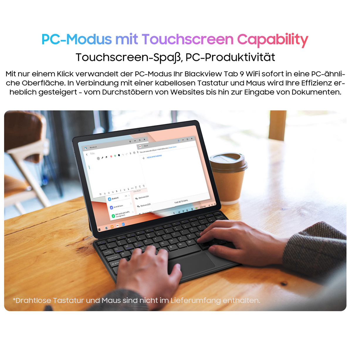 Person benutzt Tablet mit Tastatur. Rechts eine Kaffeetasse. Der Bildschirm zeigt einen E-Mail-Entwurf.
