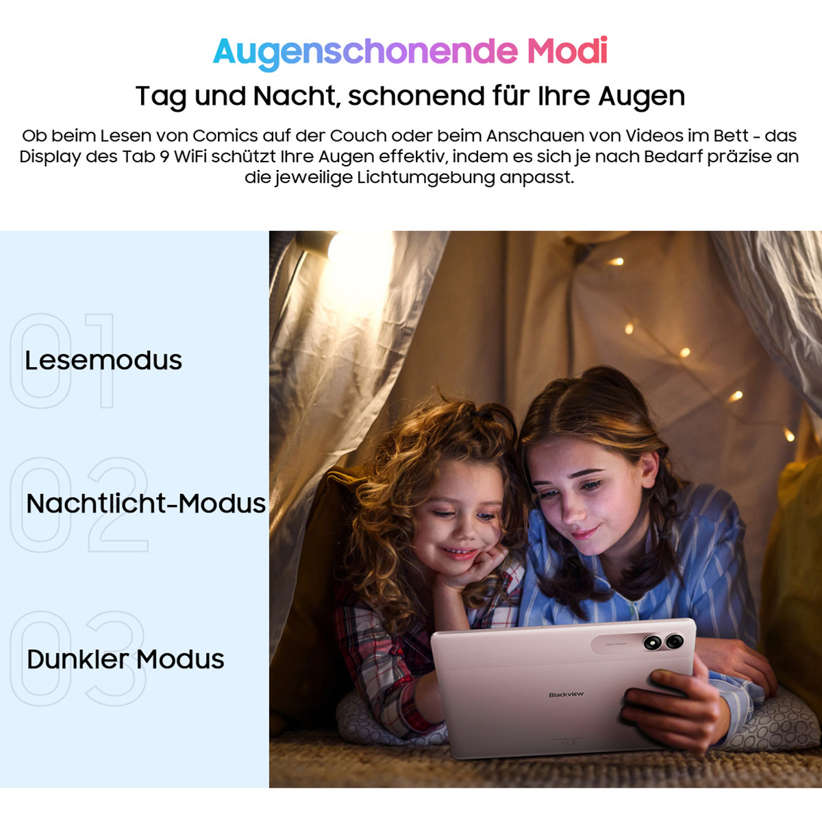 Zwei Mädchen betrachten ein Tablet in einem Zelt. Text über augenfreundliche Modi steht oben. Das Tablet ist ein Blackview.