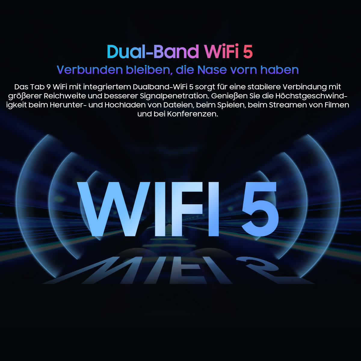 Ein Bild mit "WIFI 5" in großem blauen Text. Darüber steht "Dual-Band WiFi 5". Gebogene Linien deuten auf Signalstärke hin. Schwarzer Hintergrund.