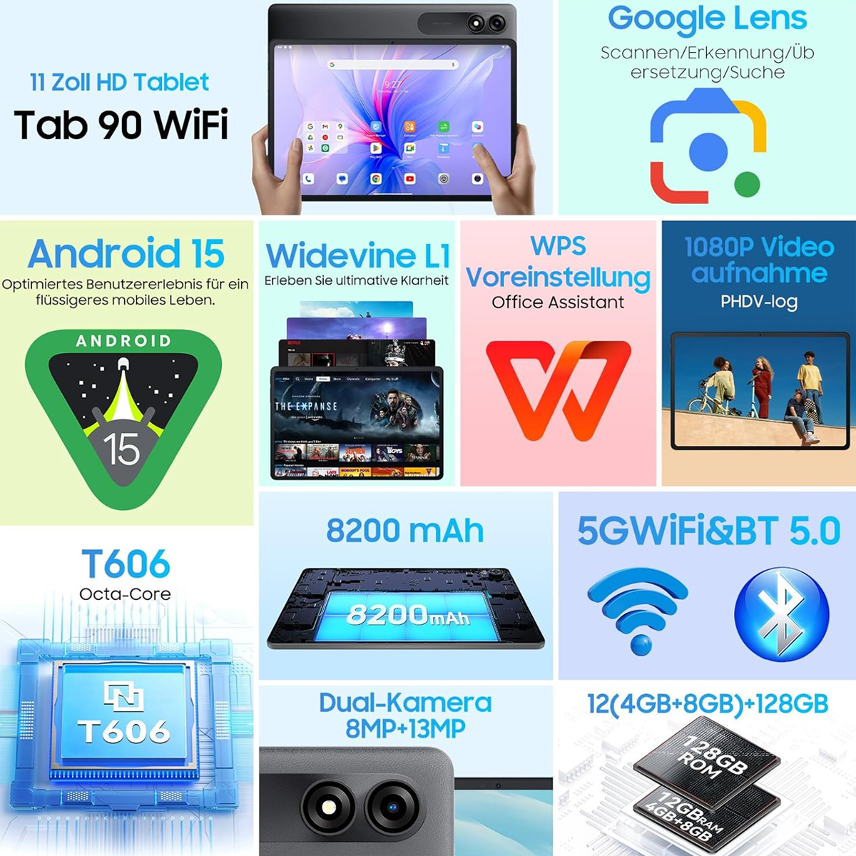 Tablet mit Funktionen: Android 15, 8200 mAh Akku, 5G WiFi, Dual-Kamera, 128GB ROM und 11-Zoll HD-Display.