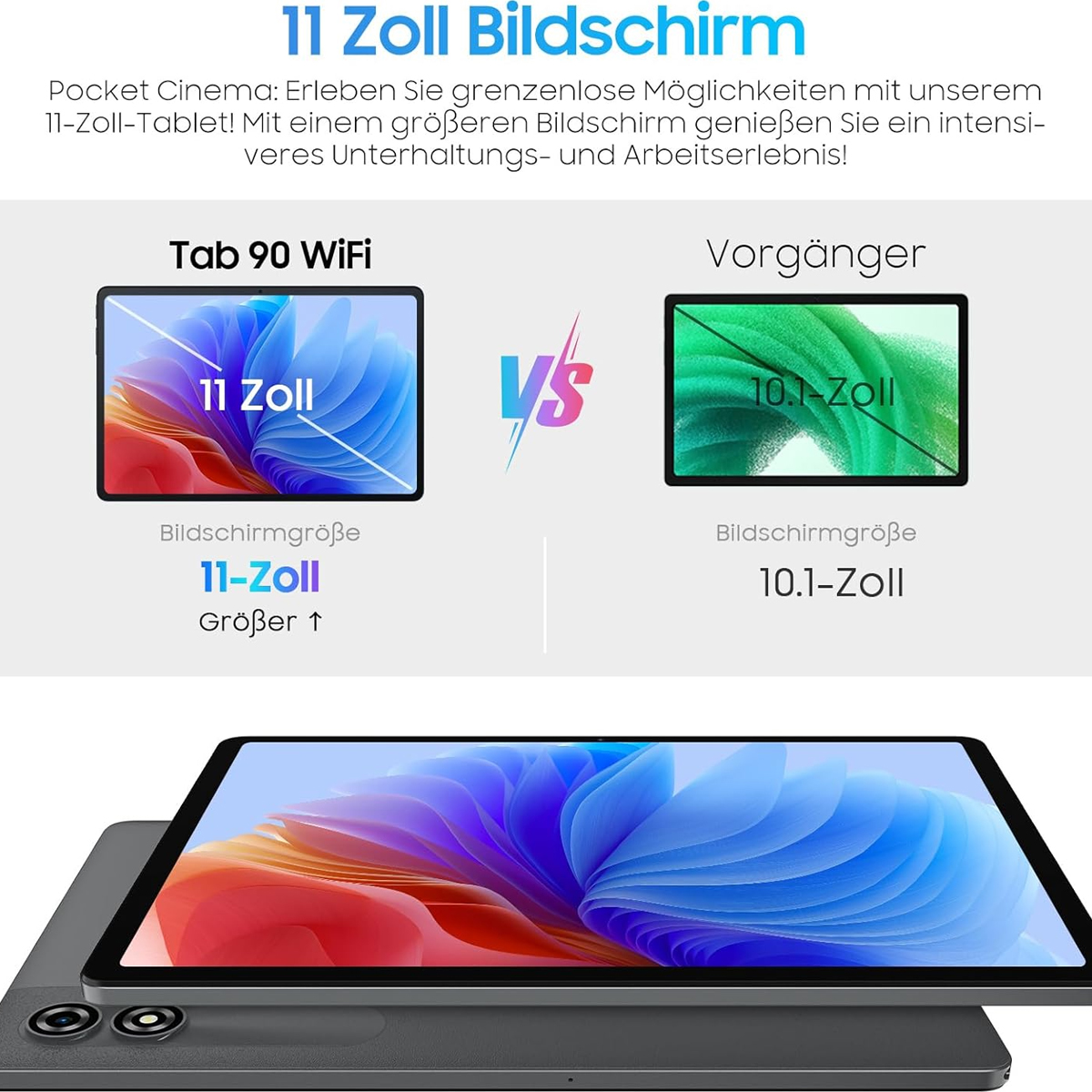 Vergleich von Tablets: 11 Zoll vs. 10,1 Zoll. Das größere Tablet zeigt einen bunten Hintergrund auf dem Bildschirm.