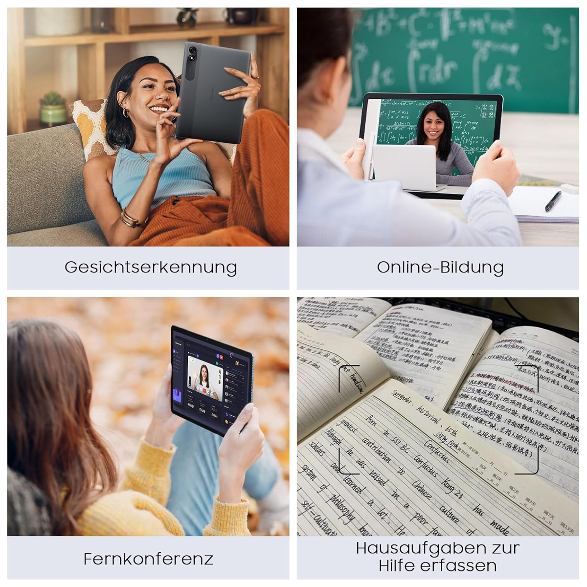 Eine Collage von vier Bildern, die Menschen zeigen, die Technologie für Videoanrufe, Online-Bildung und Studium nutzen.
