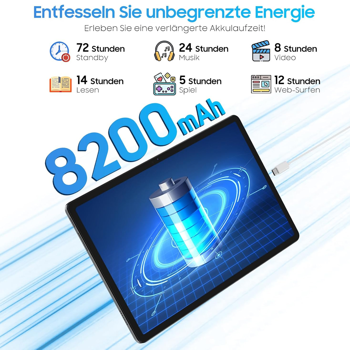 Ein Tablet mit einer Batteriegrafik und Text, der 8200 mAh anzeigt. Text zeigt Nutzungszeiten: Standby, Musik, Video, Lesen, Gaming und Surfen.