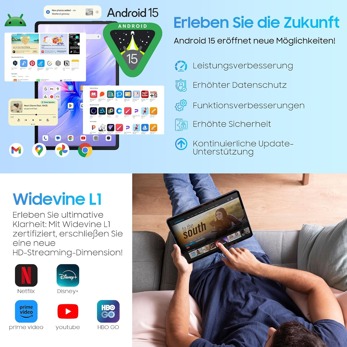 Mann benutzt Tablet mit Film. Android 15 Grafik, App-Symbole. Deutsche Texte über Funktionen und Widevine L1.