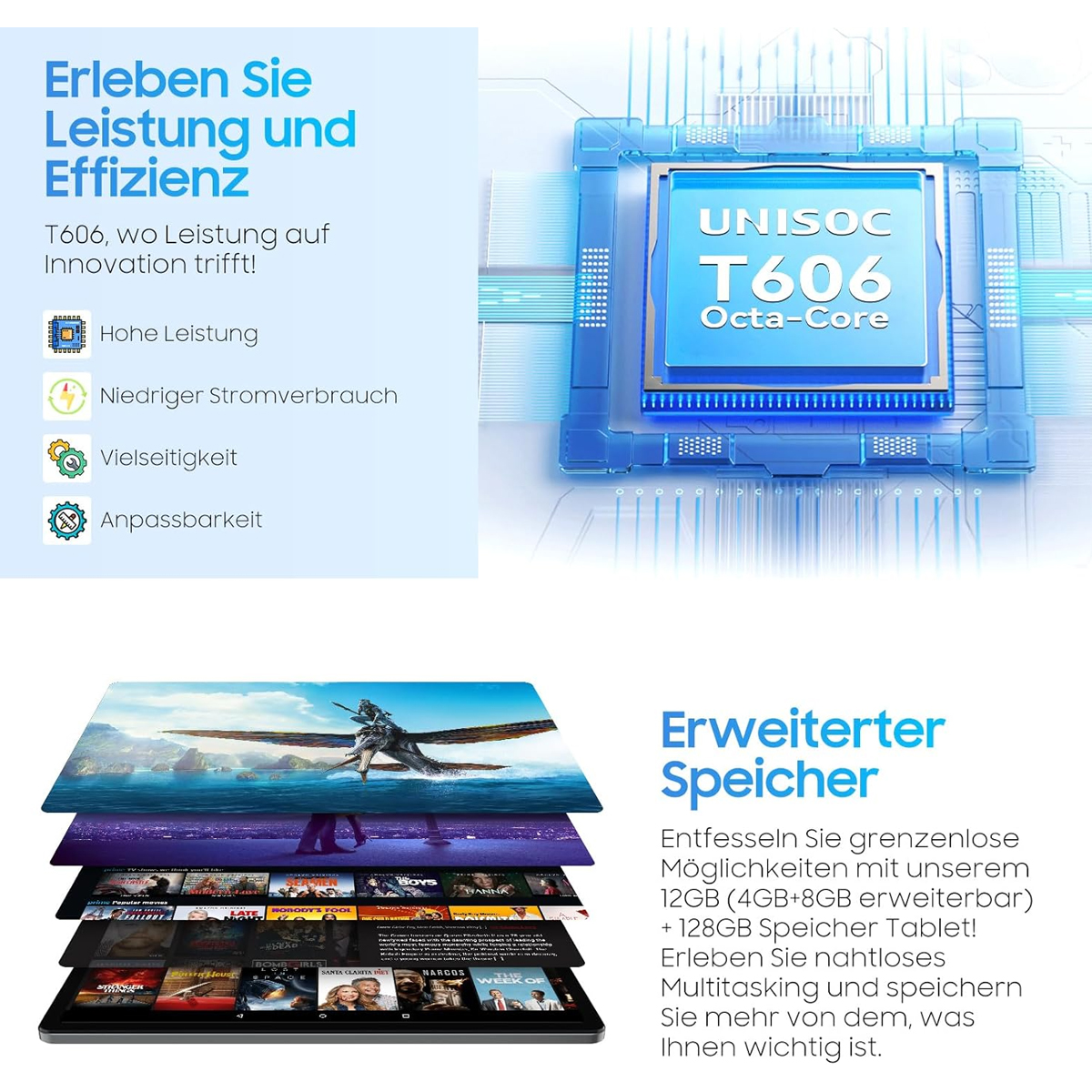 Werbung für ein Tablet. Es zeigt einen Prozessor, einen Tablet-Bildschirm mit Filmen und Text, der Leistung und Speicher hervorhebt.