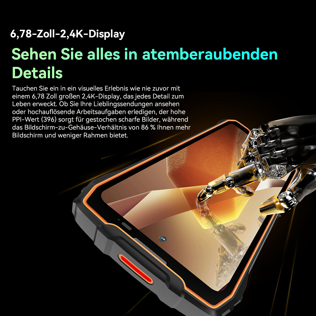 Ein Smartphone mit Schutzhülle, futuristische Roboterhand berührt den Bildschirm. Text auf Deutsch. Schwarz-oranges Farbschema.