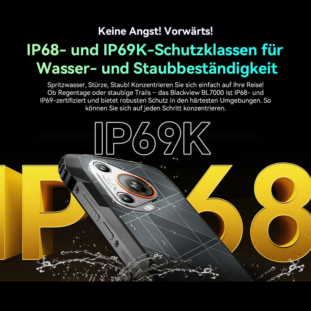 Ein Smartphone mit dem Text "IP69K" und "IP68" im Hintergrund, mit Wasserspritzern.