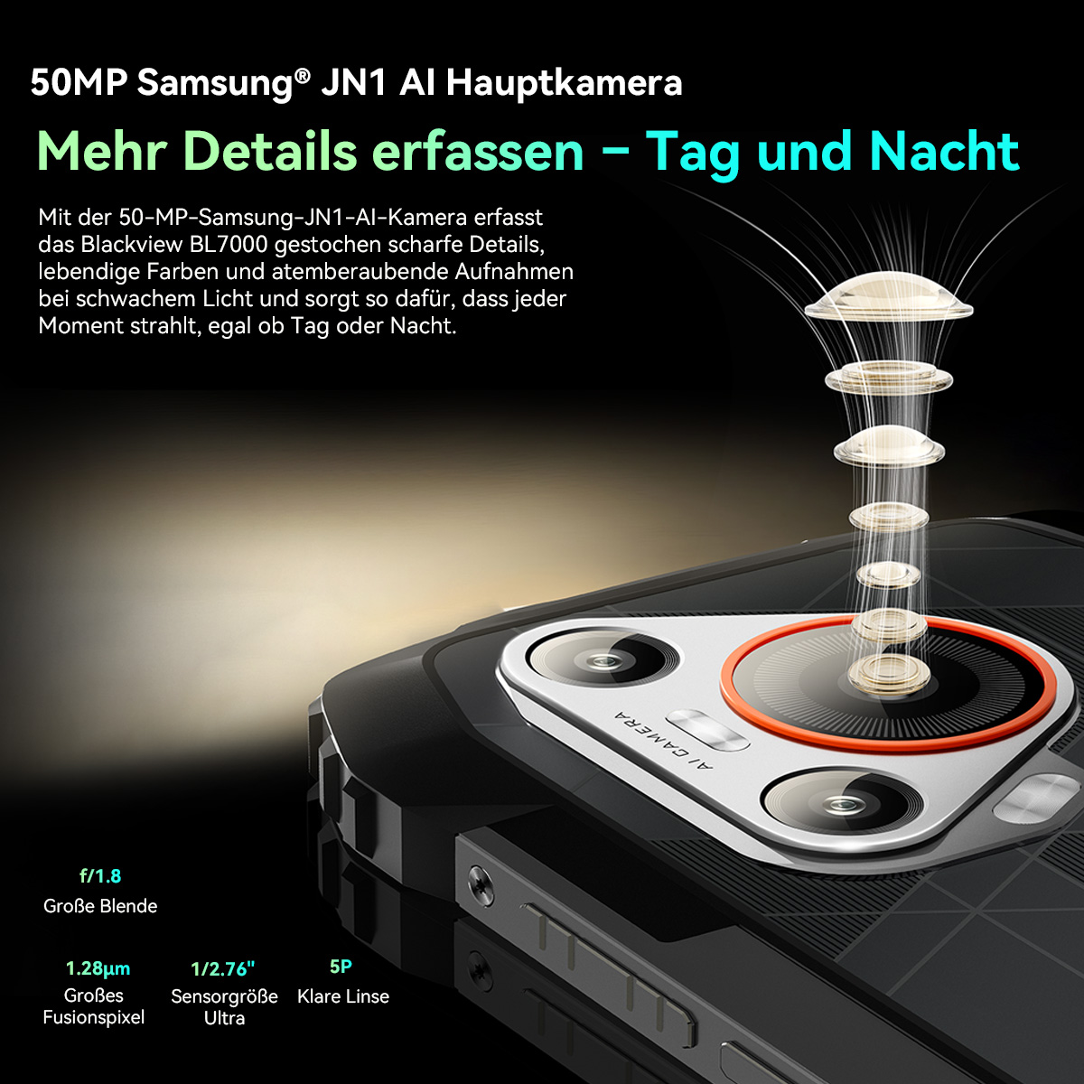 Detail einer Smartphone-Kamera mit hervorgehobenen Linsenelementen. Technische Daten werden unten angezeigt.