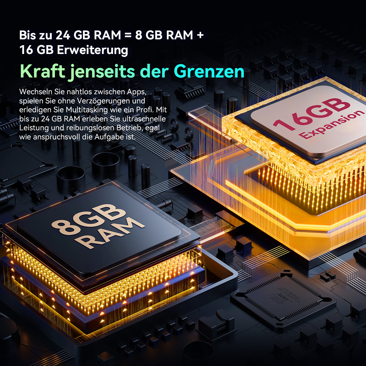 Abstraktes Bild von Computerkomponenten. Es zeigt RAM-Chips mit Text, der 8 GB RAM + 16 GB Erweiterung auf dunklem Hintergrund anzeigt.