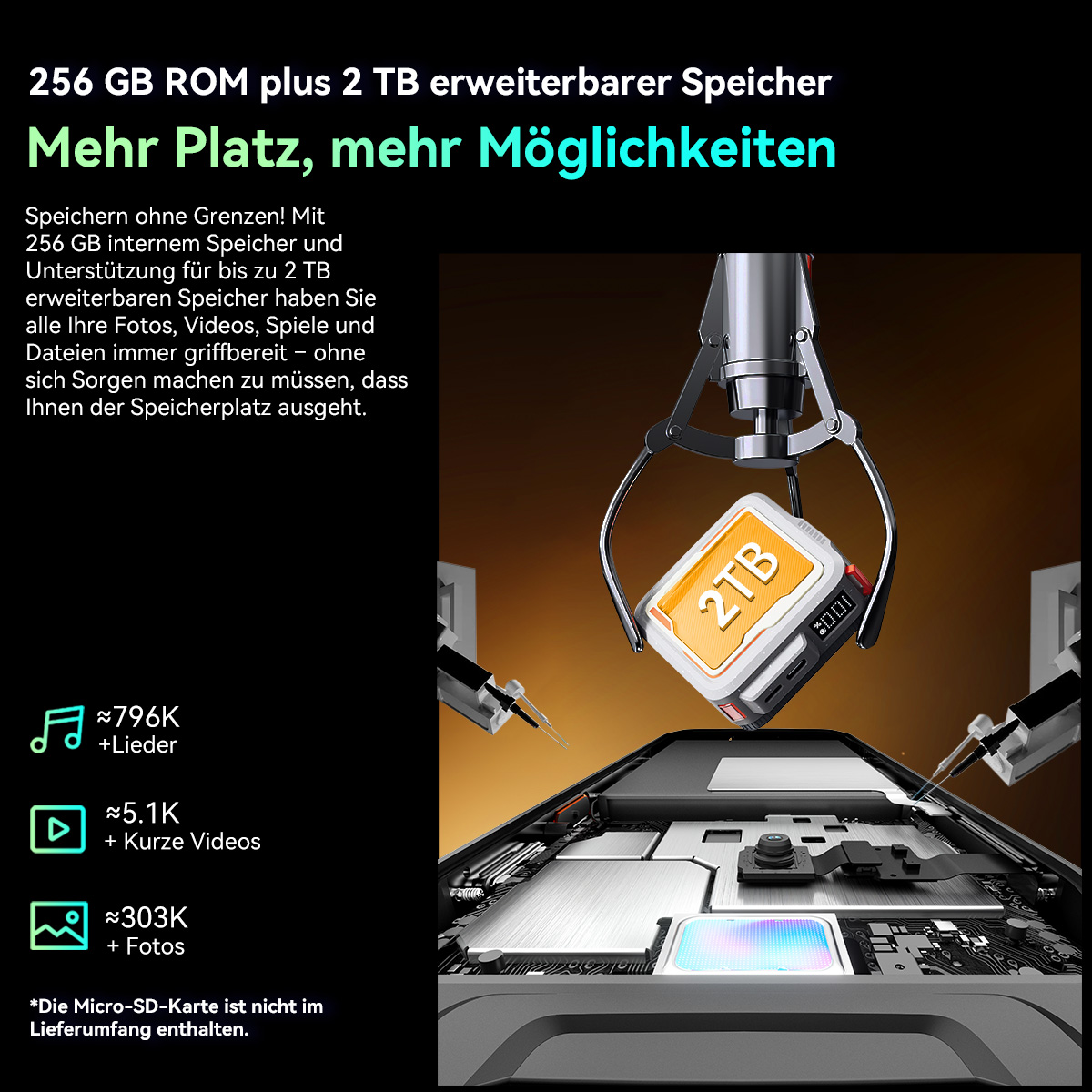 Ein Greifautomat greift ein 2TB-Speichergerät. Unten befindet sich ein Telefon. Oben steht: "Mehr Platz, mehr Möglichkeiten".