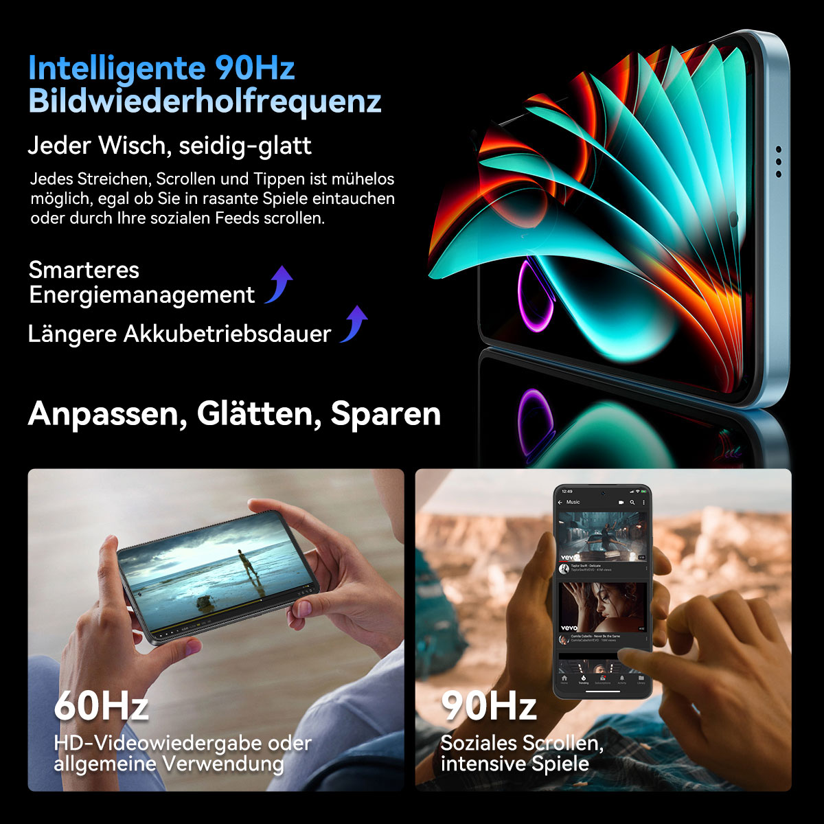 Smartphone-Bildschirm mit abstrakten Grafiken. Hände halten Telefone mit Video- und Social-Media-Inhalten. Text hebt 90Hz Bildwiederholfrequenz hervor.