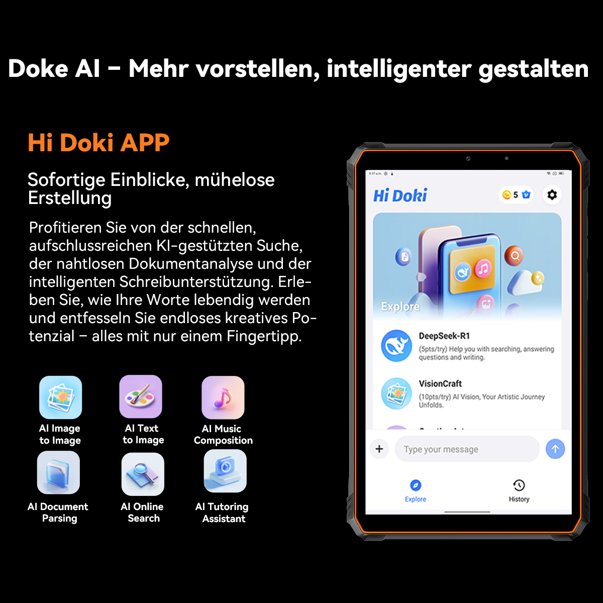 Ein Tablet zeigt die Hi Doki App. Symbole für KI-Bild, Text, Musik, Dokument, Online-Suche und Tutorium werden angezeigt.