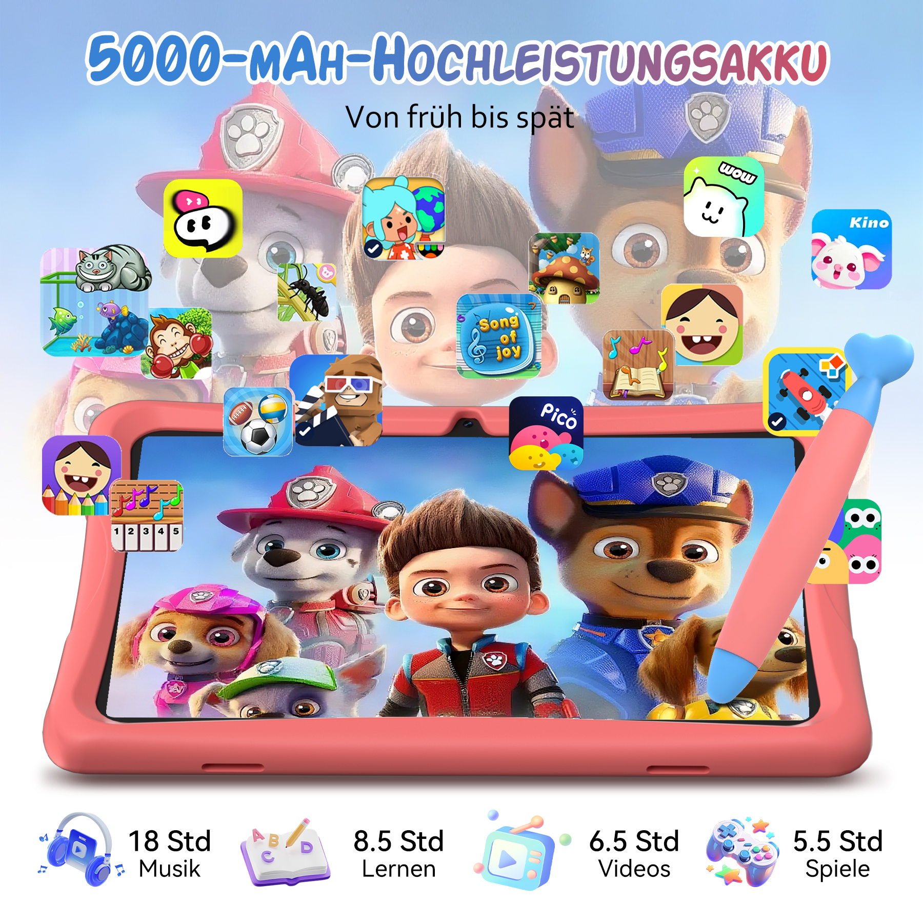 Ein rosa Tablet mit Zeichentrickfiguren und Apps. Paw Patrol-Charaktere sind zu sehen. Der Bildschirm zeigt verschiedene Kinder-Apps.