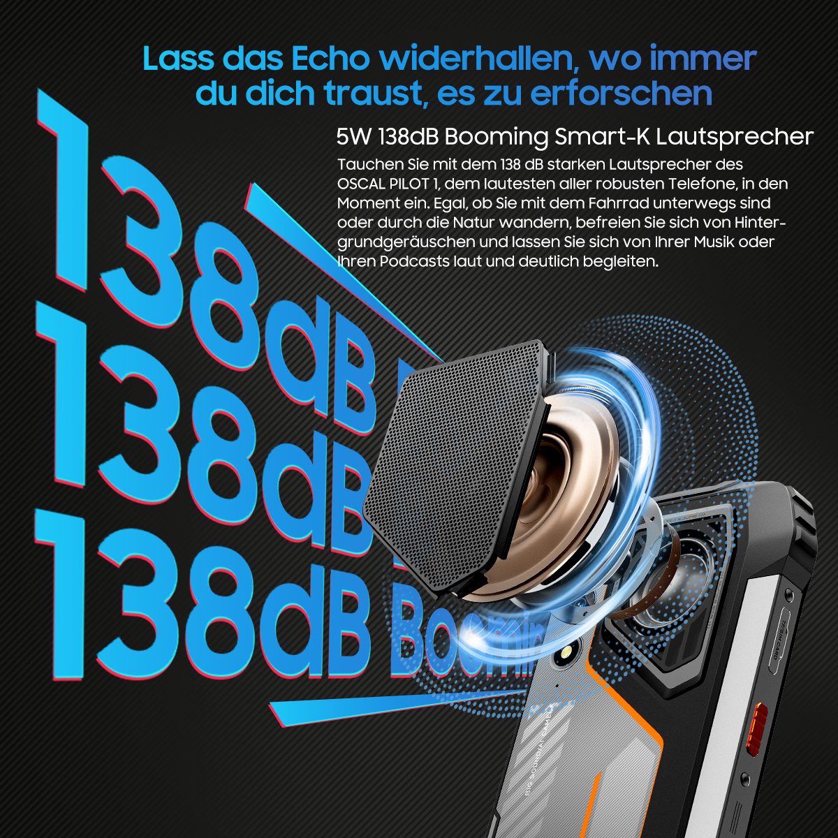 Ein Telefon mit einem Lautsprecher wird hervorgehoben. Text lautet '138dB Booming Smart-K Lautsprecher'. Der Hintergrund ist dunkel mit blauen Akzenten.