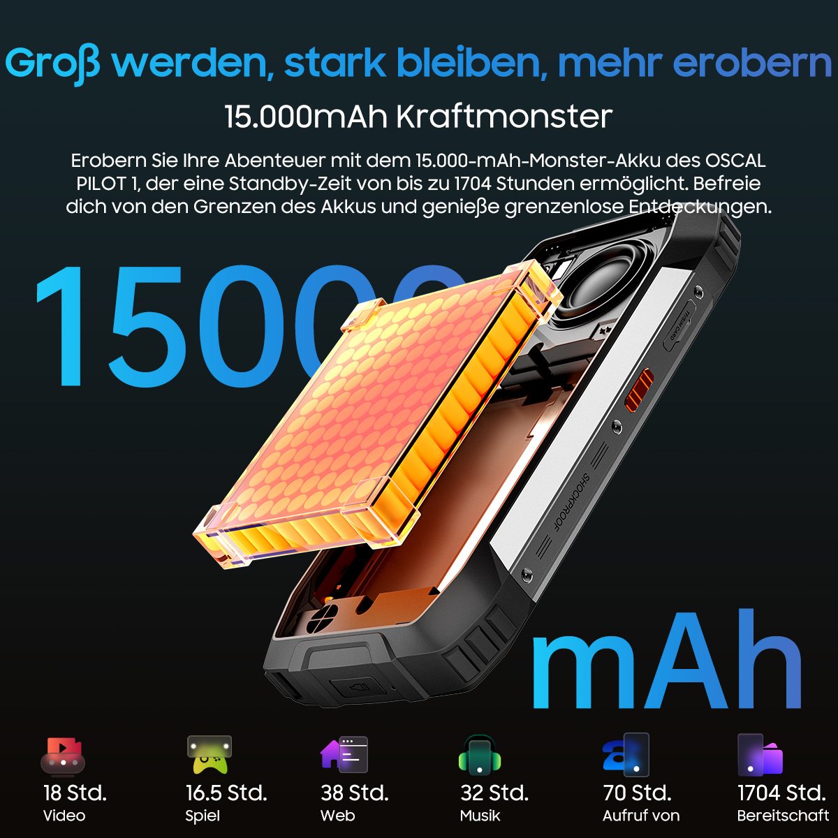 Telefon mit orangefarbenem/rotem Akku, schwarzem Rahmen und blauem Text. Merkmale: mAh, Akkulaufzeit und Nutzungszeiten.
